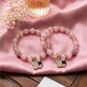 Elegant Rose & Crystal Charm Bracelet Set – Handcrafted Pink Beaded Duo
